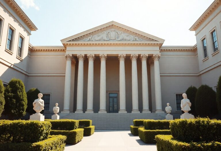 Neoklassisches Gebäude mit Säulen, Dreiecksgiebel und vier weißen Statuen, umgeben von gepflegten Hecken.