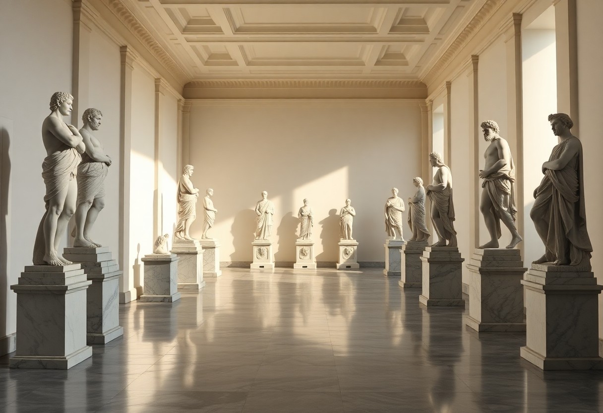 Helle Galerie mit hohen Decken, klassischen Marmor-Statuen auf Sockeln entlang der Wände und reflektierendem Boden.