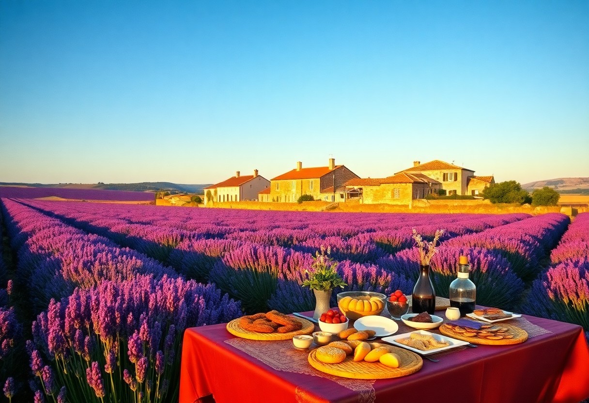 Gedeckter Tisch vor blühenden Lavendelfeldern bei Sonnenuntergang, dahinter rustikale Häuser unter klarem Himmel.