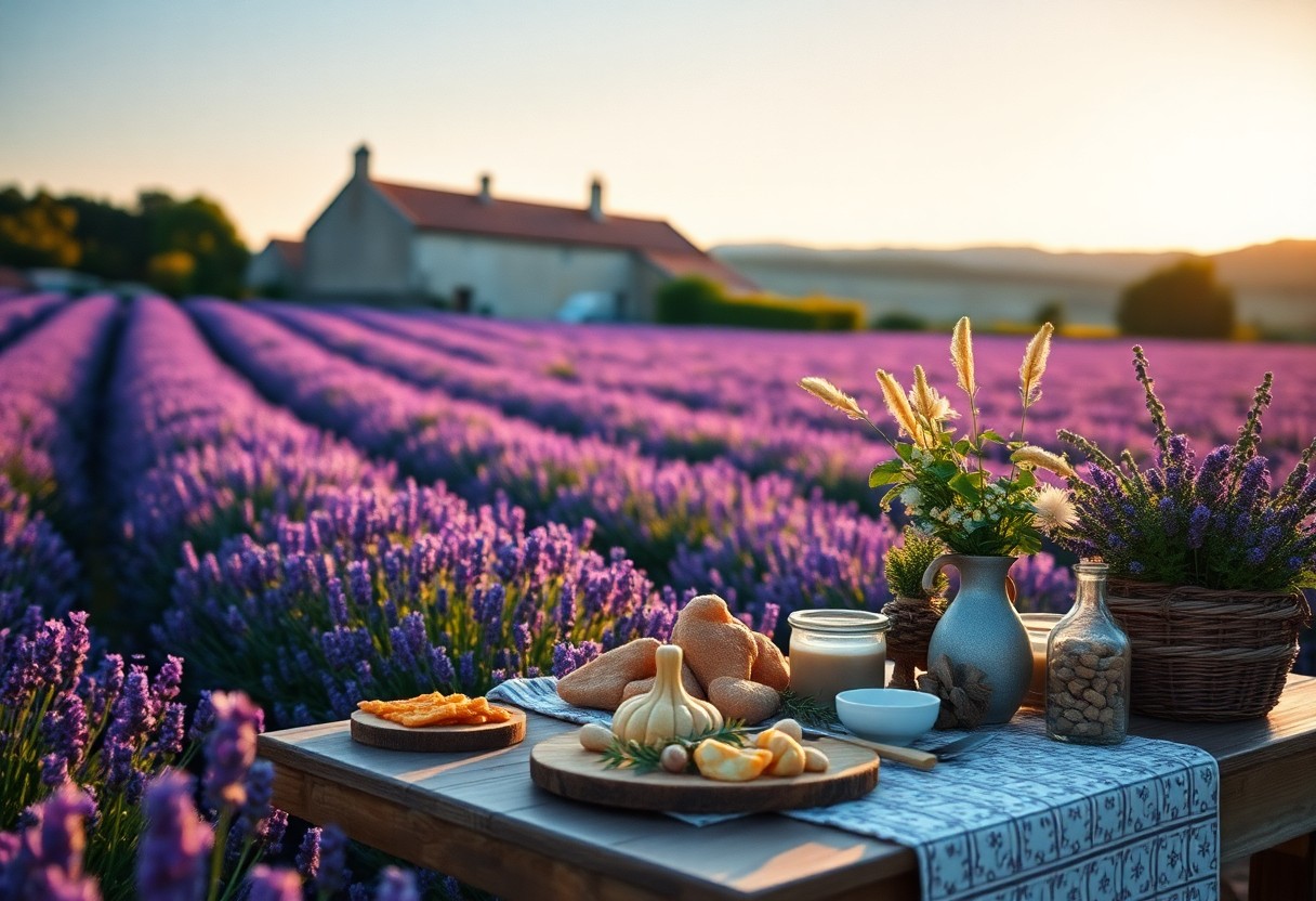 Rustikaler Tisch mit Brot, Käse, Knoblauch und Getränken vor Lavendelfeld bei Sonnenuntergang, Bauernhaus im Hintergrund.