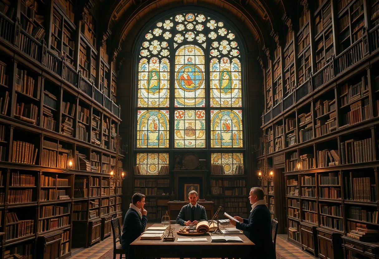 Drei Personen lesen an einem großen Tisch in einer großen Bibliothek mit hohen Bücherregalen und einem Buntglasfenster im Hintergrund.