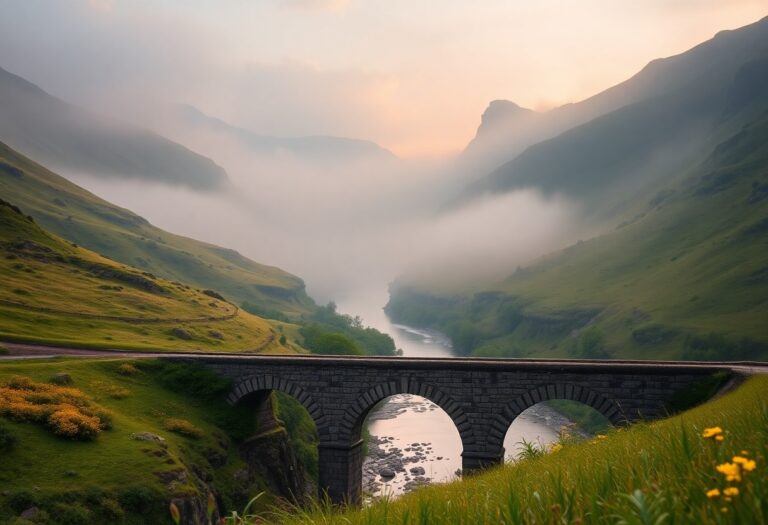 Steinbogenbrücke über einen Fluss in einem nebligen Tal mit grünen Hügeln und Bergen bei Sonnenaufgang oder Sonnenuntergang, darüber niedrige Wolken.