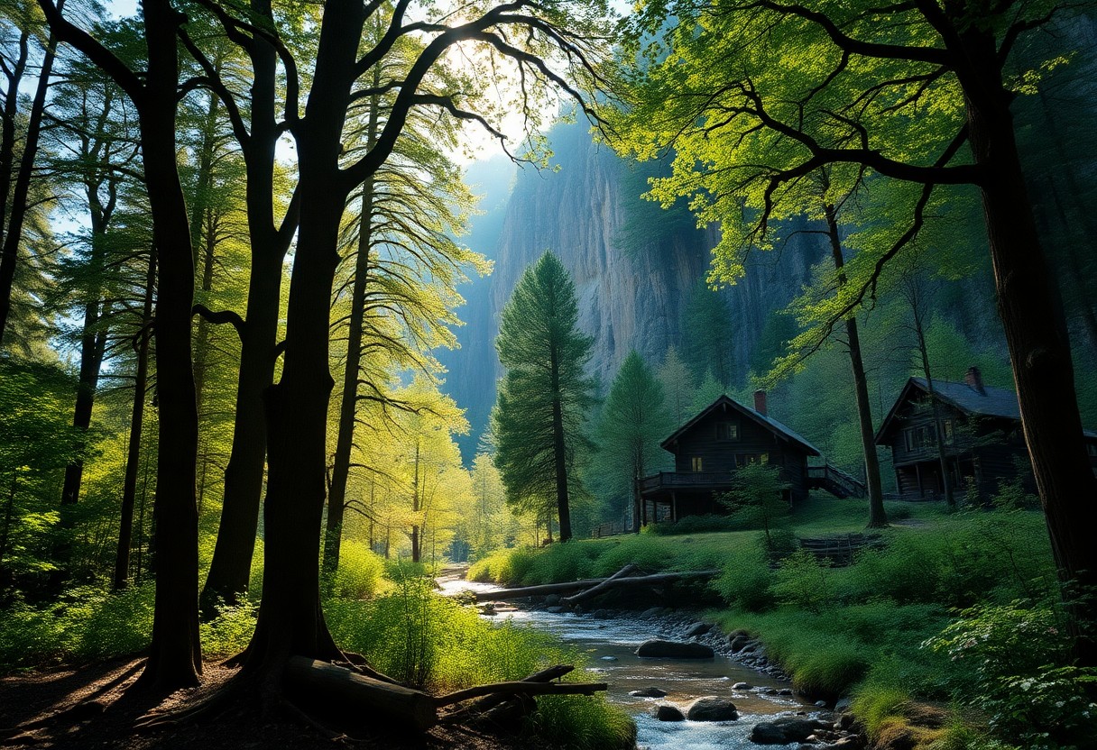 Zwei Holzhütten am Bach im grünen Wald, Sonnenlicht fällt durch hohe Bäume. Im Hintergrund ragt eine Felsklippe auf.