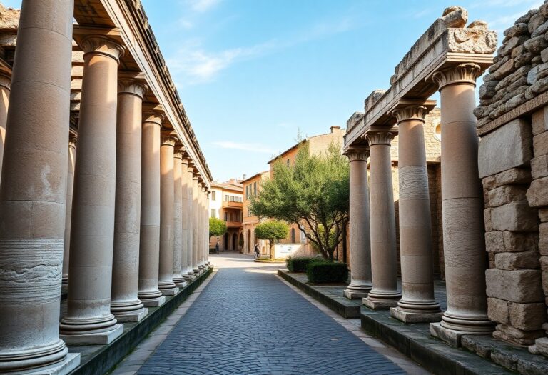 Ein Kopfsteinpflasterweg zwischen alten Steinsäulen führt zu einem sonnenbeschienenen Innenhof mit Bäumen, Gebäuden und blauem Himmel im Hintergrund.