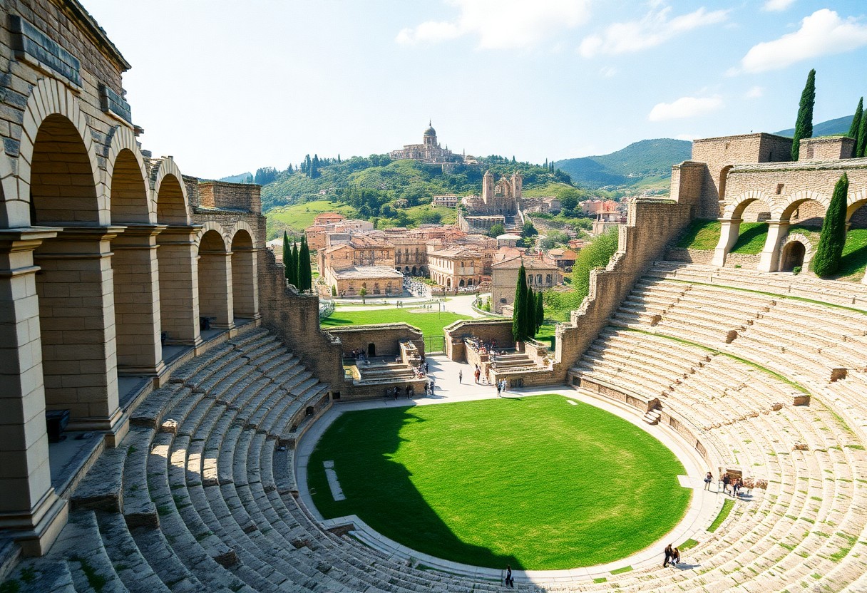 Antikes römisches Amphitheater mit Steinsitzen und Rasenbühne, mit Blick auf eine Stadt mit historischen Gebäuden, Zypressen und Hügeln.