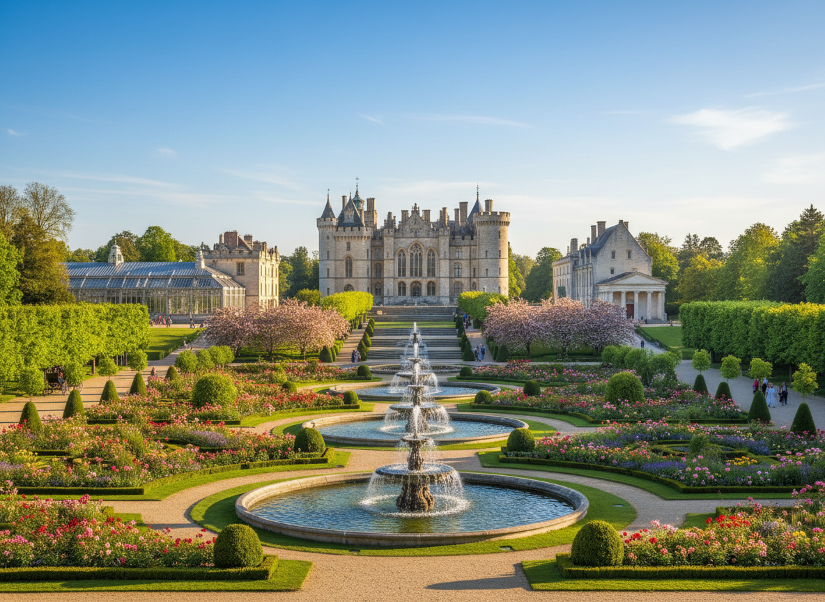 Ein Schloss mit Türmchen hinter formalen Gärten, gepflegten Hecken, Blumen und Springbrunnen unter einem sonnigen blauen Himmel.