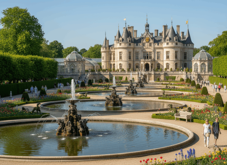 Schloss mit Türmen und Fahnen hinter formalen Gärten, Springbrunnen, Hecken und Blumenbeeten; Besucher schlendern an einem sonnigen Tag.