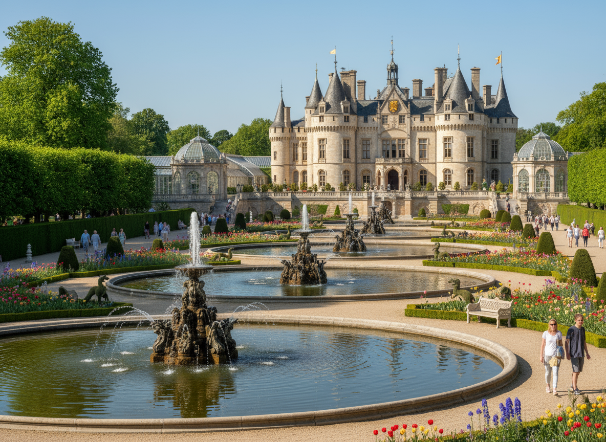 Schloss mit Türmen und Fahnen hinter formalen Gärten, Springbrunnen, Hecken und Blumenbeeten; Besucher schlendern an einem sonnigen Tag.