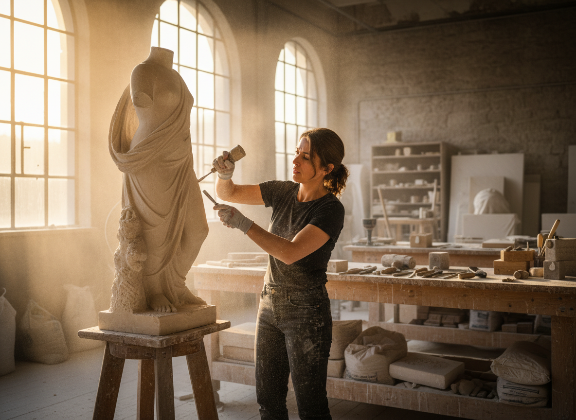 Frau beim Meißeln einer drapierten Statue in einem sonnendurchfluteten Atelier mit Werkzeugen, Regalen und Materialien; Staub leuchtet im einfallenden warmen Licht.