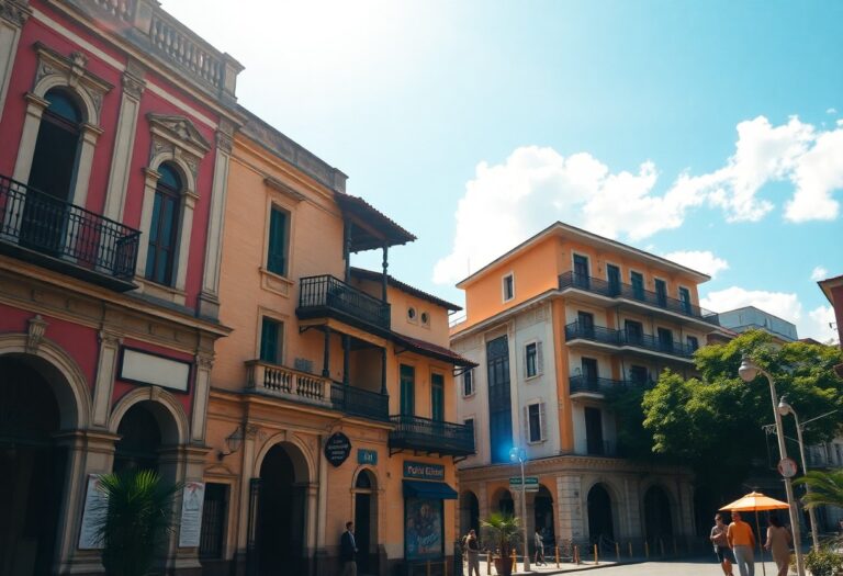 Sonnige Straße mit bunten, historischen Gebäuden, Balkonen und Rundbogenfenstern. Menschen gehen auf dem Gehweg.