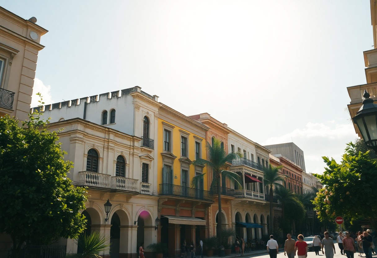 Eine sonnenbeschienene Straße mit bunten historischen Gebäuden, gewölbten Balkonen, Palmen und Menschen, die auf dem Bürgersteig spazieren gehen.