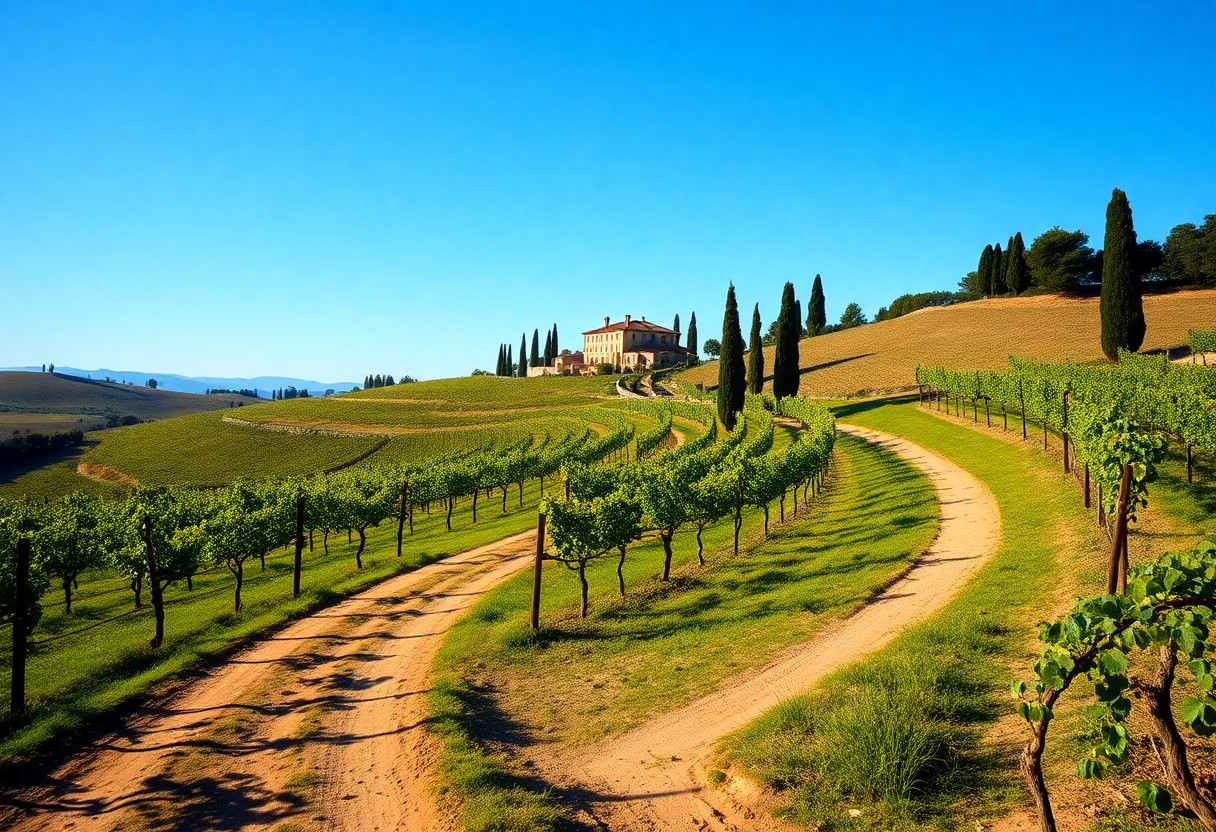 Eine Straße durch grüne Weinberge unter blauem Himmel, die zu einem Bauernhaus mit Zypressen an einem Hang führt.