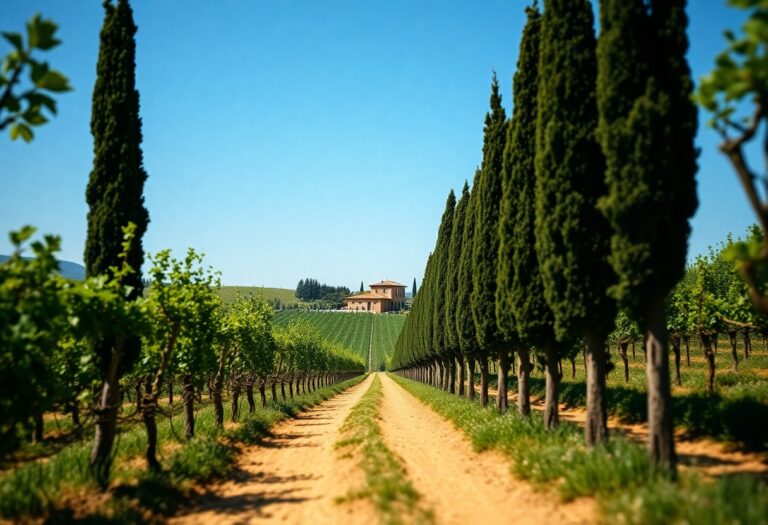 Ein unbefestigter Weg mit Zypressen führt durch den Weinberg zur Villa; grüne Hügel und klarer Himmel im Hintergrund an einem sonnigen Tag.