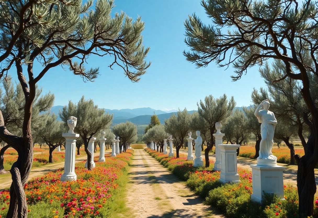 Von Bäumen gesäumter Gartenweg mit leuchtenden Blumen, weißen klassischen Statuen, blauem Himmel und fernen Bergen im Hintergrund.