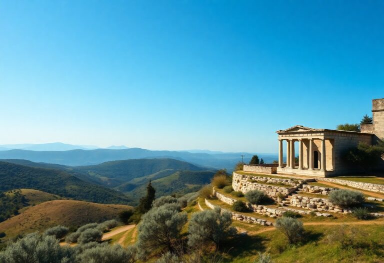 Steintempel im griechischen Stil mit Säulen an einem Hang, mit Blick auf grüne Hügel und ferne Berge unter blauem Himmel.