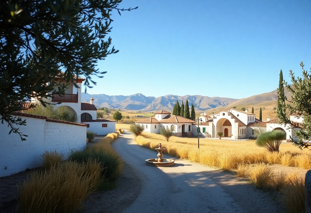 Sonnenbeschienenes Dorf mit weißen Gebäuden, Terrakotta-Dächern, zentralem Brunnen, goldenen Gräsern, Bergen und blauem Himmel im Hintergrund.