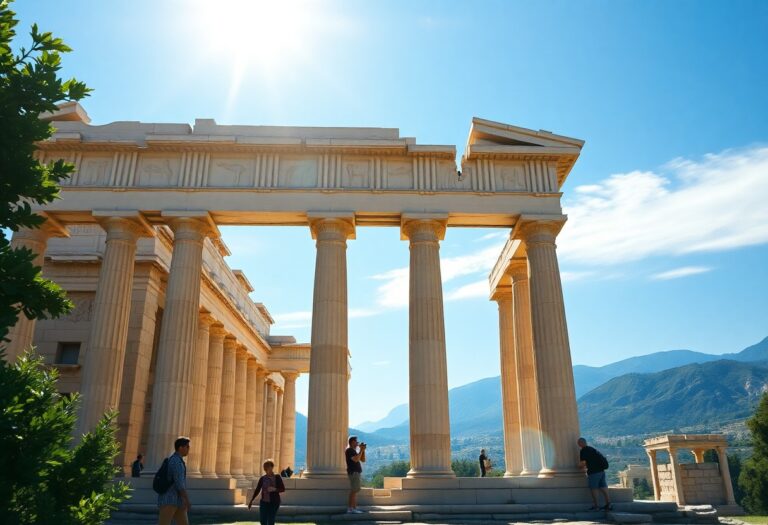 Antike griechische Tempelruinen mit hohen Säulen im Sonnenlicht, Spaziergänger, Berge und blauer Himmel im Hintergrund.