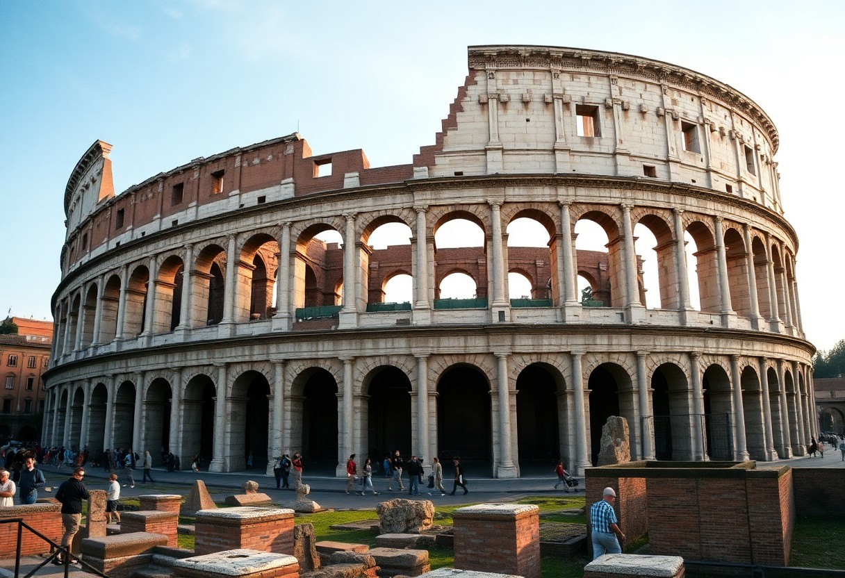 Römisches Kolosseum bei Tag, mit sichtbaren Bögen. Menschen gehen um den Sockel herum; im Vordergrund sind Ruinen zu sehen.