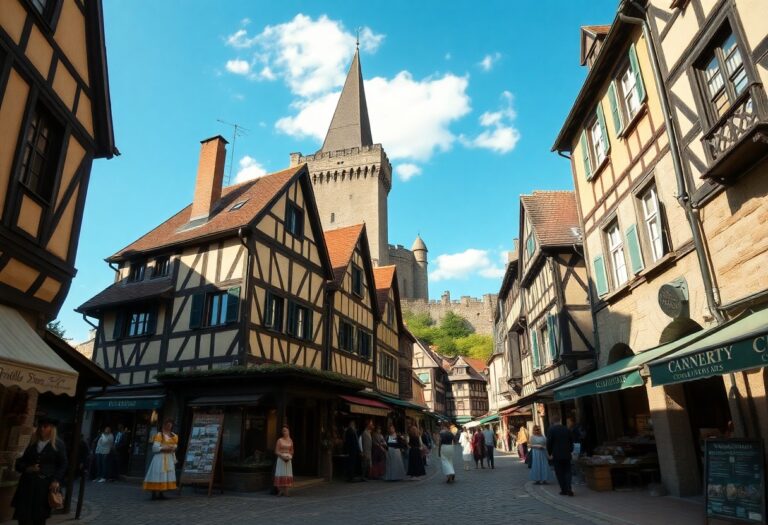 Eine mittelalterliche Straße mit Fachwerkhäusern, Menschen in historischer Kleidung, einem Steinturm, Geschäften und Marktständen unter blauem Himmel.