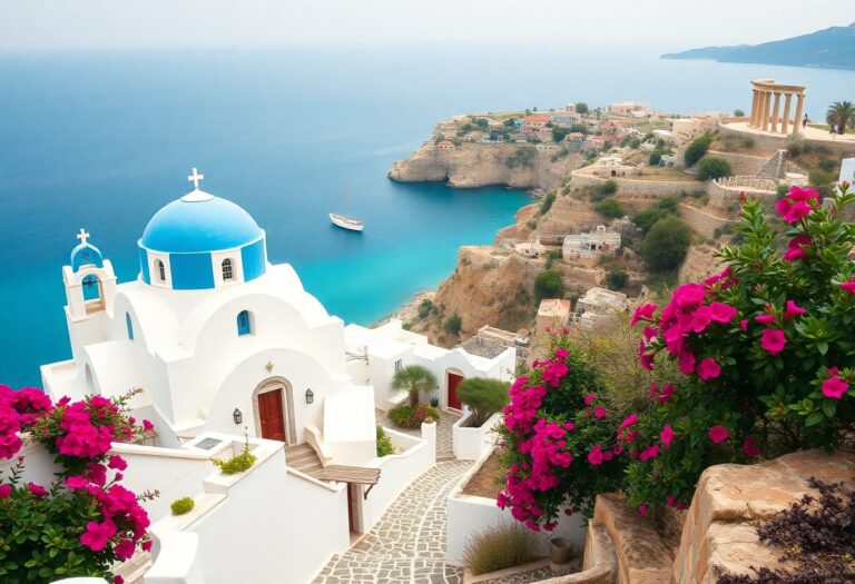 Weiße Gebäude mit blauen Kuppeln blicken auf türkisfarbenes Meer. Rosa Blumen vor, Segelboot und mehr Gebäude in der Nähe von felsigen Klippen.