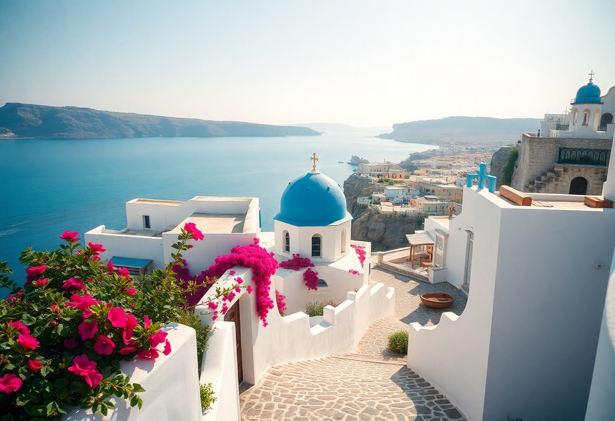 Santorin im Sonnenlicht: weiße Gebäude, blaue Kuppeln, rosafarbene Blumen, gepflasterte Wege mit Meer und Klippen unter einem klaren Himmel.