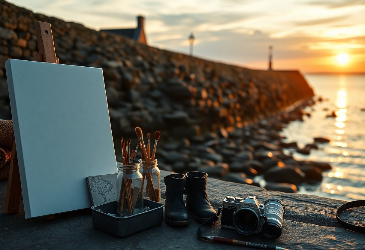 Künstler-Setup am Wasser bei Sonnenuntergang: Staffelei mit leerer Leinwand, Pinsel, Notizbuch, Schuhe und Kamera auf Stein.