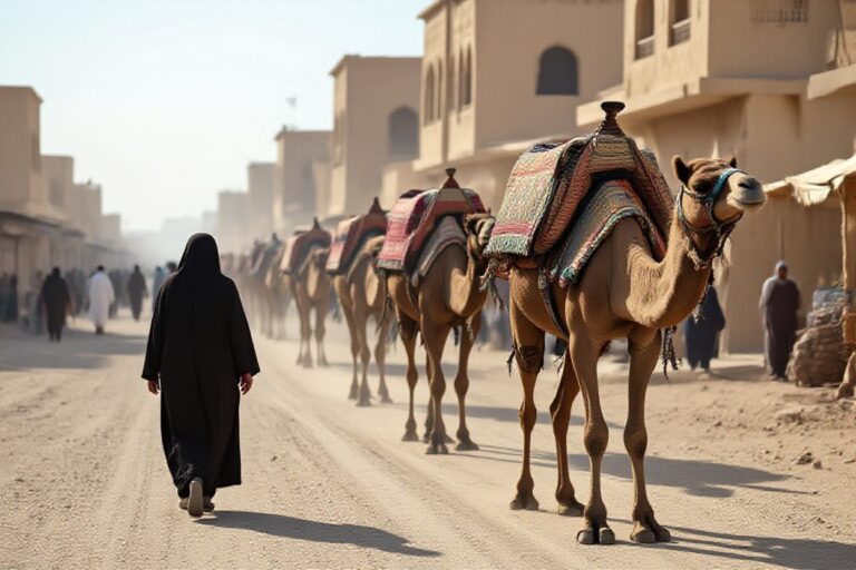 Person in schwarzer Robe auf staubiger Straße neben Kamelen mit bunten Decken, umgeben von beigen traditionellen Gebäuden.