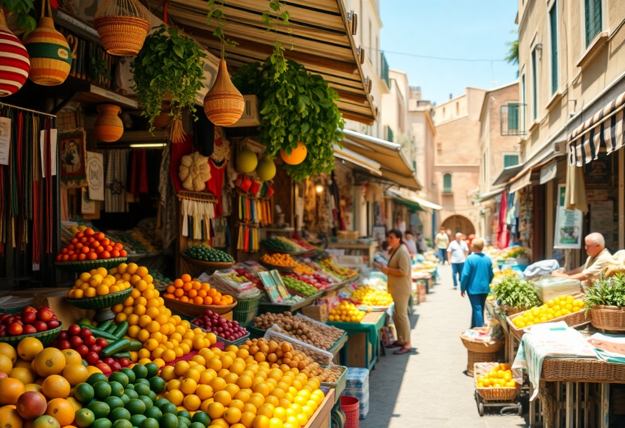 Markt im Freien mit Ständen mit buntem Obst und Gemüse, Einkäufern auf einer schmalen Straße, Markisen, Körben und Hängepflanzen.