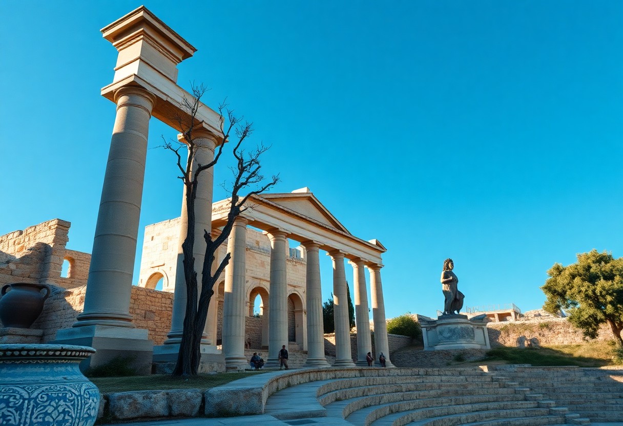 Steinsäulen, klassisches Gebäude mit Bögen, Statue und Amphitheater-Stufen, wenige Menschen bei klarem Himmel.