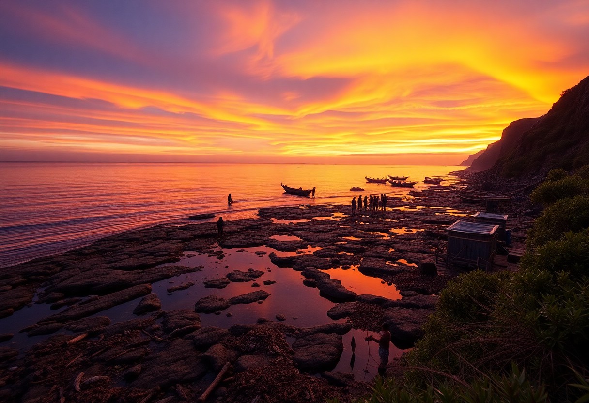 Sonnenuntergang mit orange-rosa Himmel spiegelt sich an felsiger Küste mit Booten, Menschen, Klippen und Grün.