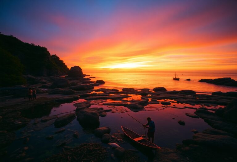 Sonnenuntergang über felsiger Küste, orange-lila Wolken. Personen im Boot, andere laufen am Ufer. Segelboot in der Ferne.