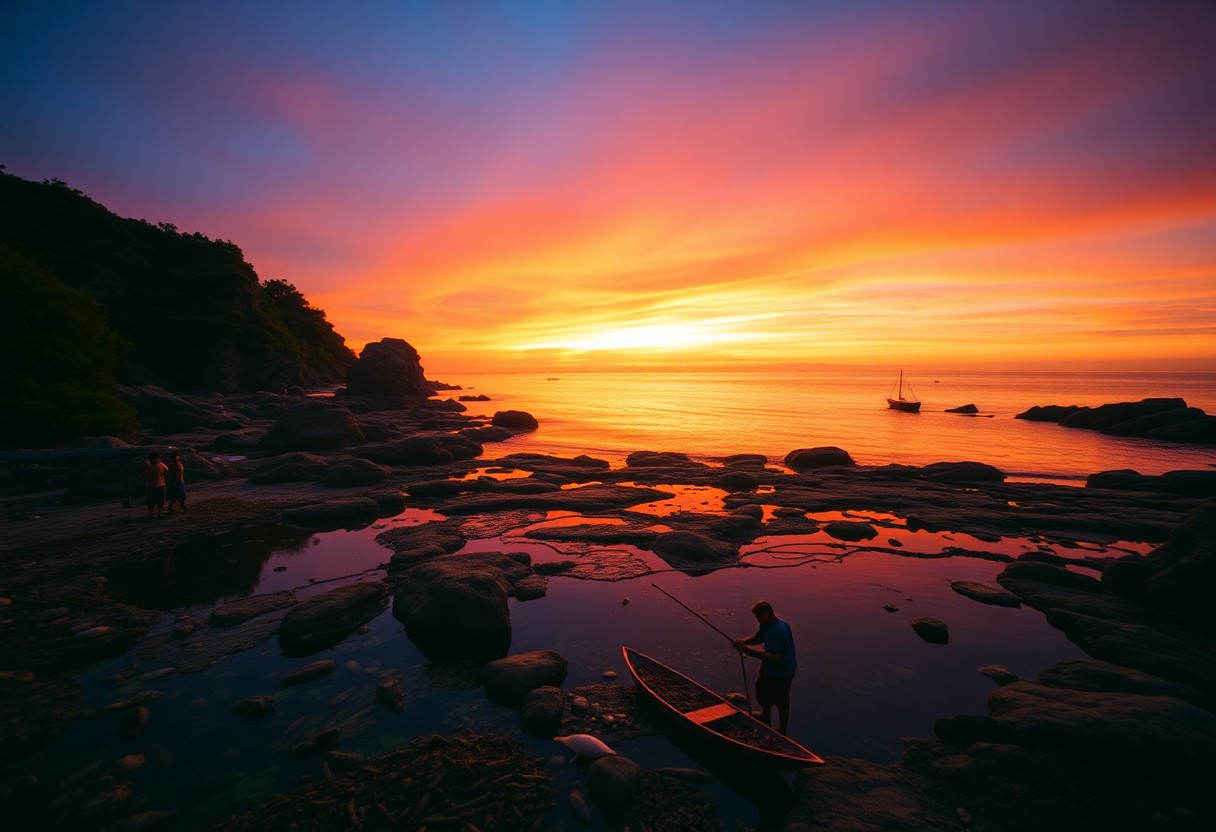 Sonnenuntergang über felsiger Küste, orange-lila Wolken. Personen im Boot, andere laufen am Ufer. Segelboot in der Ferne.