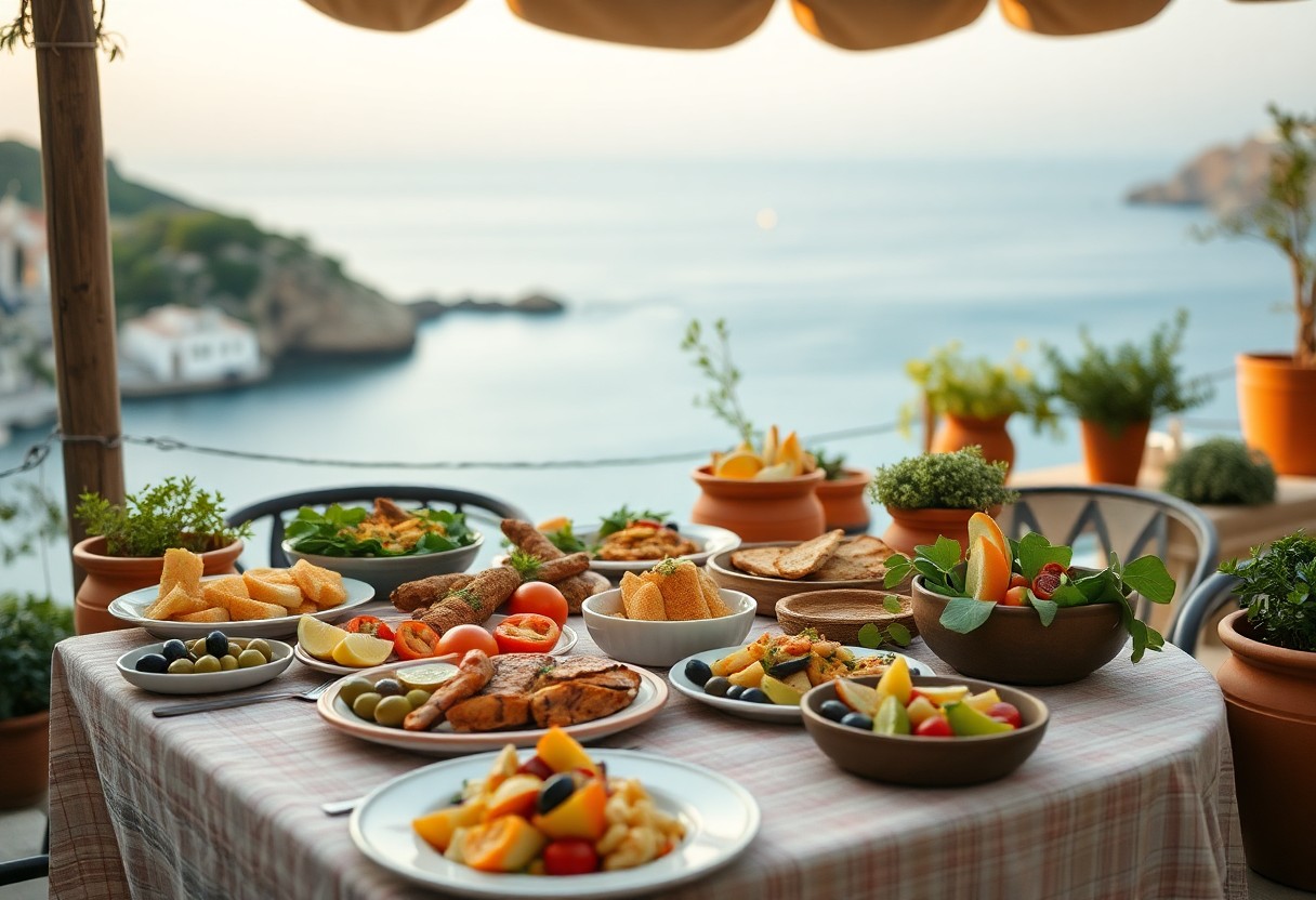 Mediterrane Gerichte auf einem Tisch - Salate, gegrilltes Fleisch, Brot - mit Blick auf das Meer und die Hügel von einer schattigen Terrasse.