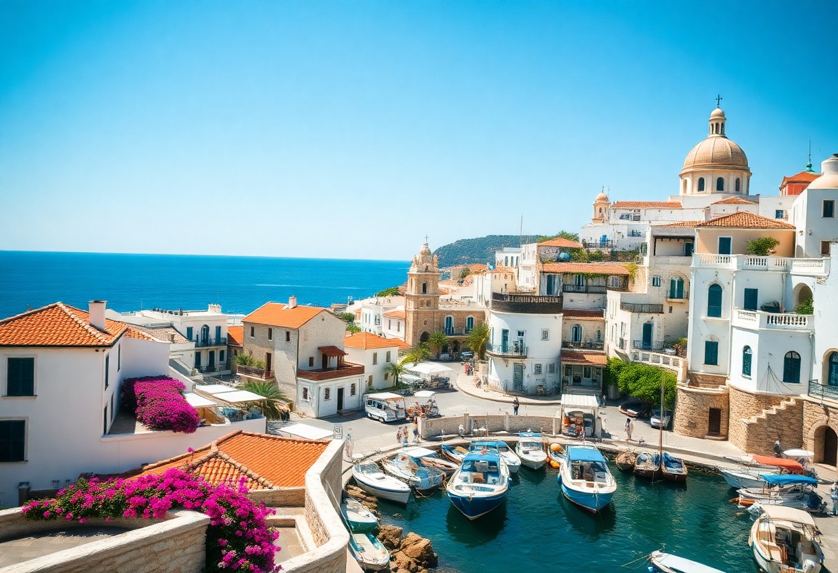 Küstenort mit weißen Häusern, roten Dächern und Bougainvillea am kleinen Hafen vor blauem Meer und klarem Himmel.