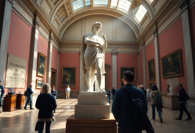 Besucher betrachten eine große Marmorstatue im sonnigen, rosa gestrichenen Kunstmuseum mit klassischer Malerei und Oberlicht.