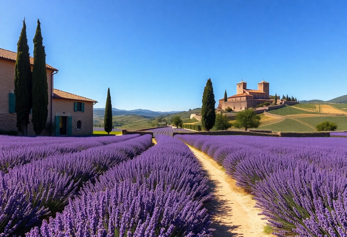 Ein unbefestigter Weg schlängelt sich durch lila Lavendelfelder zu einem steinernen Gebäude und einer entfernten Kirche inmitten von Hügeln unter einem blauen Himmel.