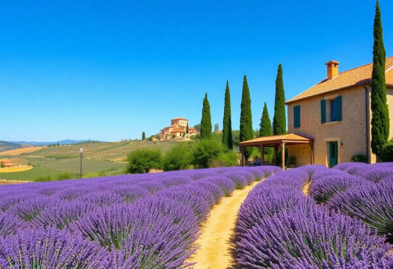 Schotterweg durch ein Lavendelfeld bei einem rustikalen Haus, sanfte Hügel, Zypressen, blauer Himmel; in der Ferne ist eine Villa zu sehen.