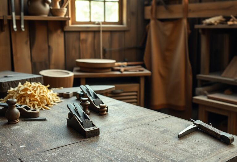 Handhobel, Holzhammer und Messschieber auf Werkbank; Holzspäne daneben, im Hintergrund Regale, Werkzeug und Schürze.