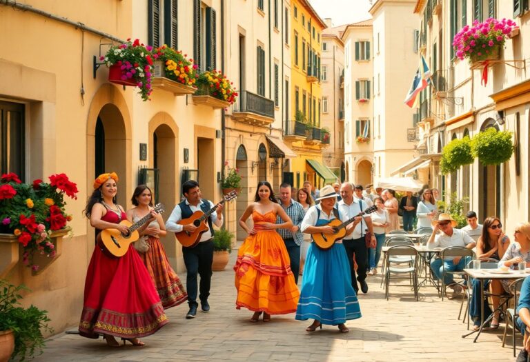 Straßenkünstler in farbenfrohen, traditionellen Kostümen musizieren auf einer sonnigen europäischen Straße mit Cafés und Blumen.
