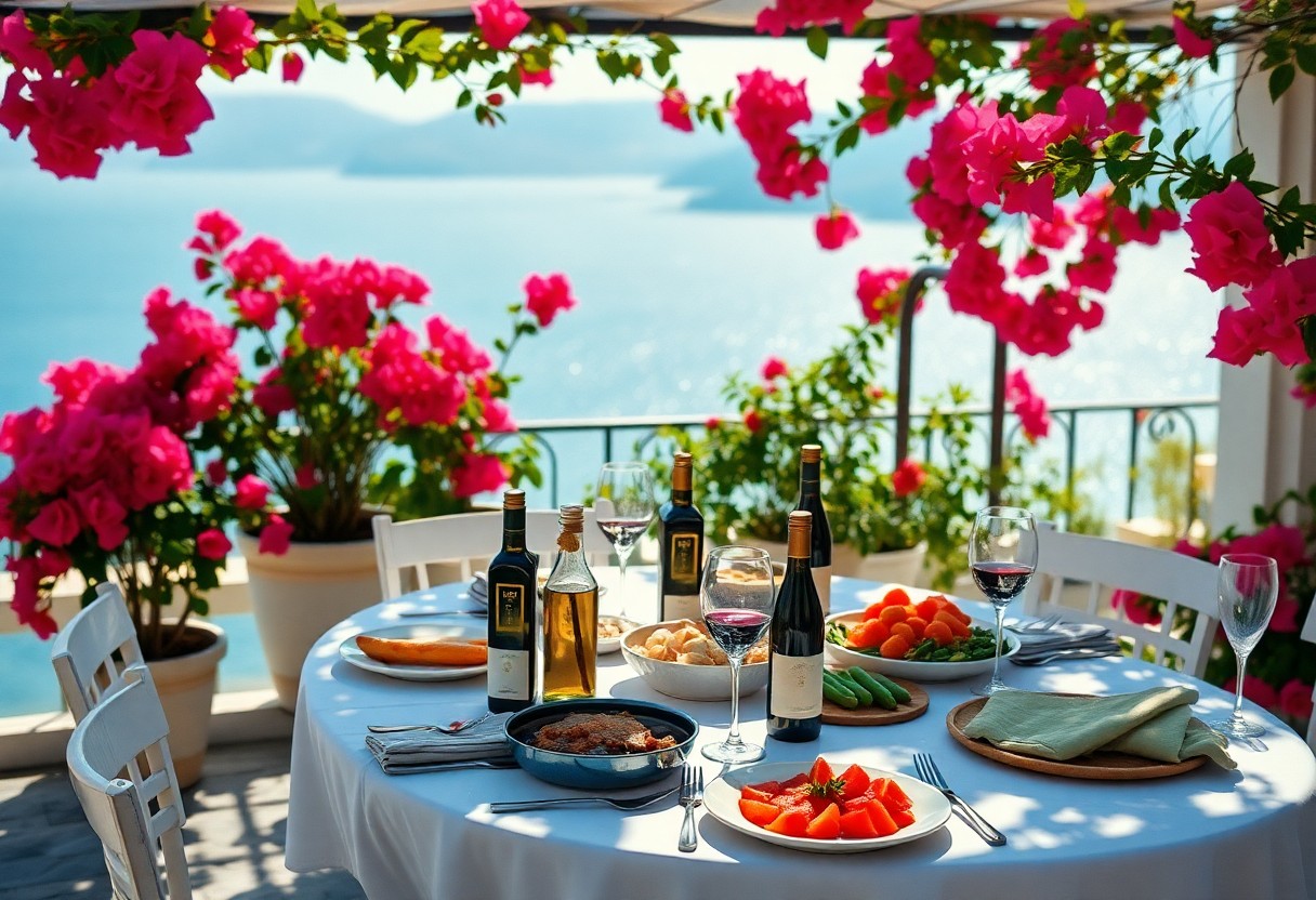 Tisch mit Wein, Brot, mediterranen Speisen und vier weißen Stühlen auf einer Terrasse mit rosa Blumen, im Hintergrund das Meer.
