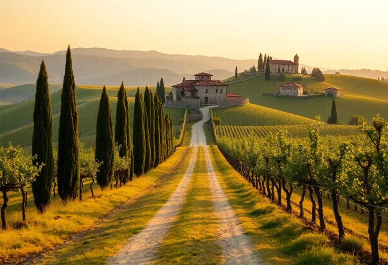 Eine unbefestigte Straße mit hohen Zypressen windet sich durch grüne Hügel zu einer entfernten Steinvilla im warmen Sonnenlicht.