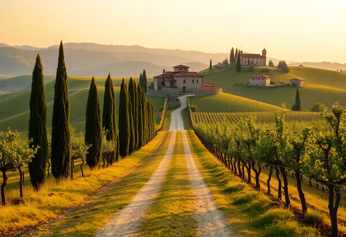 Eine unbefestigte Straße mit hohen Zypressen windet sich durch grüne Hügel zu einer entfernten Steinvilla im warmen Sonnenlicht.