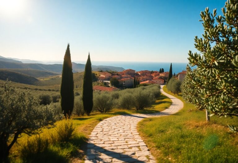 Steinweg durch Olivenhaine zu einem Dorf mit Terrakottadächern und Zypressen, im Hintergrund Hügel und Meer unter blauem Himmel.