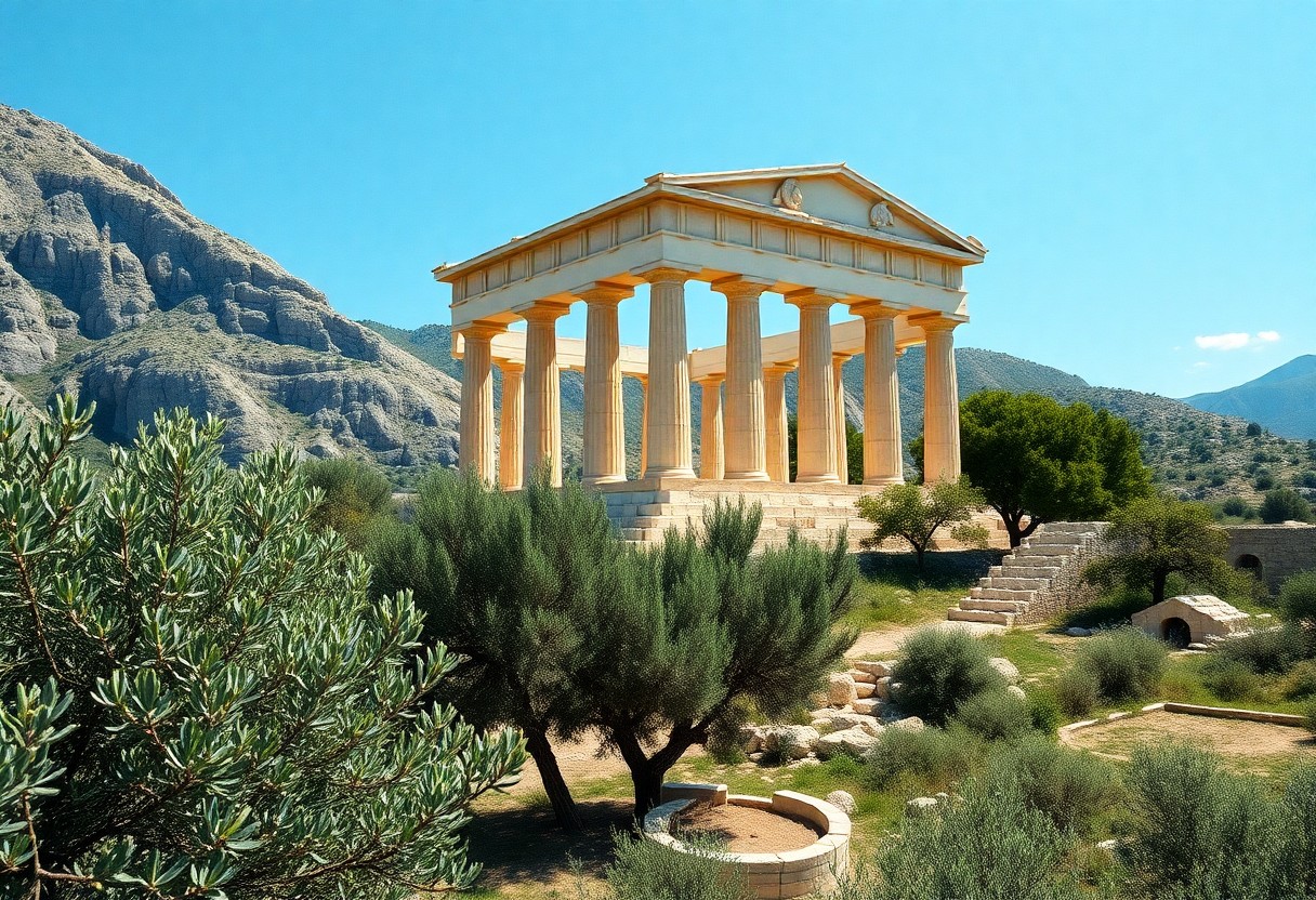 Klassischer griechischer Tempel mit hohen Säulen, Olivenbäumen, felsigen Hügeln, Steinstufen, blauem Himmel und Bergen im Hintergrund.