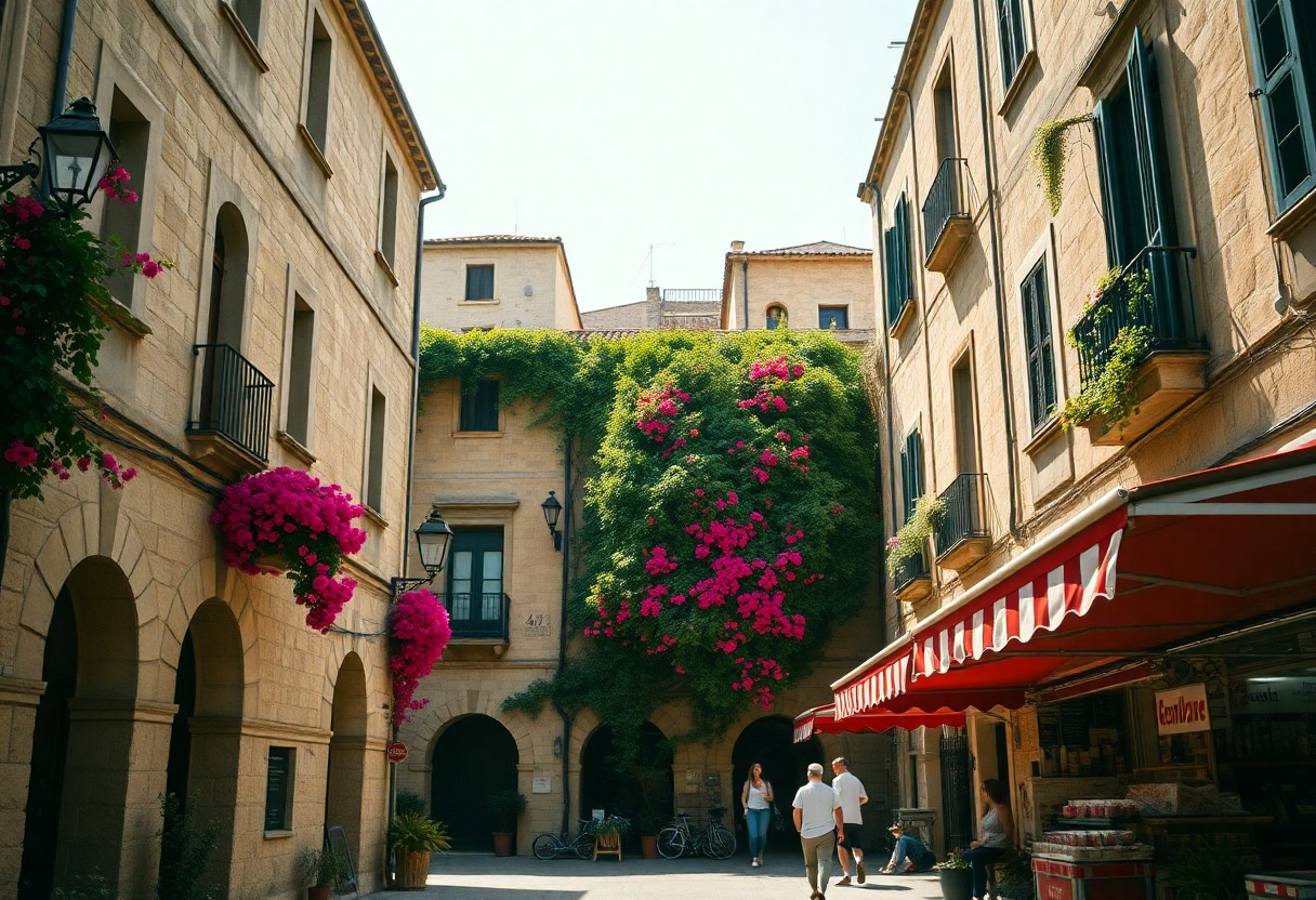 Sonnendurchfluteter europäischer Innenhof mit hellbraunen Steingebäuden, Blumen, rosa Bougainvillea und drei Personen neben einer rot-weiß gestreiften Markise.