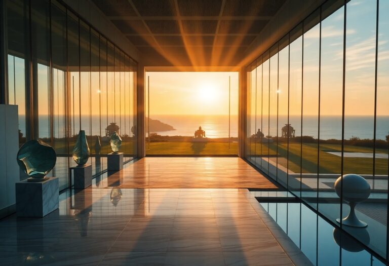 Glasraum mit Skulpturen, Blick auf Rasen und Ozean bei Sonnenuntergang; Sonnenlicht spiegelt sich auf Marmor und Wasser.