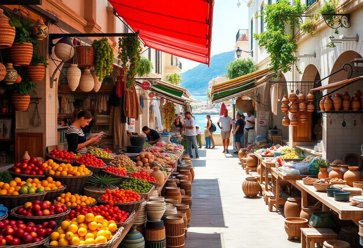 Marktstraße mit buntem Obst, Gemüse und Töpferwaren an Ständen; Käufer stöbern, Verkäufer ordnen Waren unter roten und grünen Markisen.