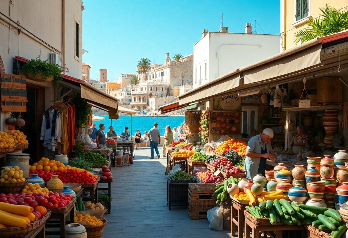 Buntes Marktgeschehen am Meer mit Obst, Gemüse und Keramik, umgeben von mediterranen Gebäuden und blauem Wasser unter klarem Himmel.