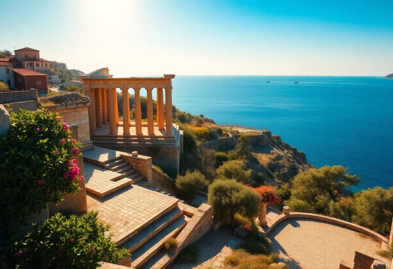 Griechische Tempelruinen auf einer Klippe über dem blauen Meer, mit Bäumen, Blumen, Stufen und Pfaden, die zum Wasser führen, unter einem sonnigen Himmel.