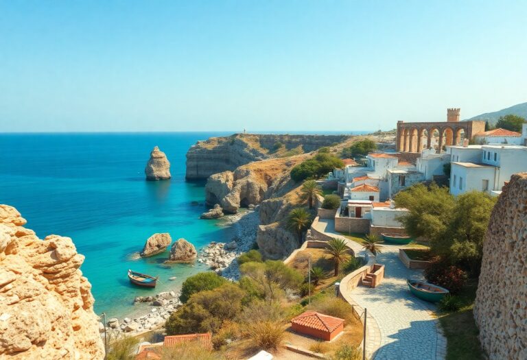 Küstendorf mit weißen Häusern, Palmen, Steinweg, türkisfarbenem Meer, Klippen, Steinbogen und kleinen Booten in der Nähe von Felsen.